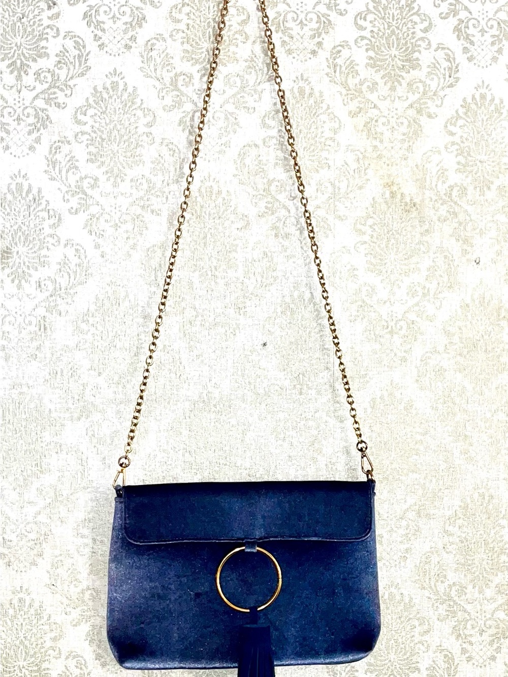 Anthropologie Street Level Navy Suede Crossbody with Gold Ring Tassel